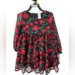 NWT Cartes Toddler Girls Black and Red Floral Dress sheer long sleeves 3T